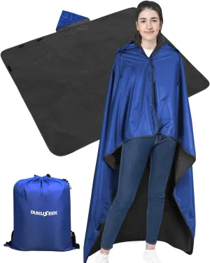 DUKUSEEK Outdoor Waterproof Stadium Blanket with Hood, Windproof Camping Blankets for Cold Weather, Sports, Yard, Soccer, Large Warm Fleece All Weather Blankets, Dark Blue 59"x56"