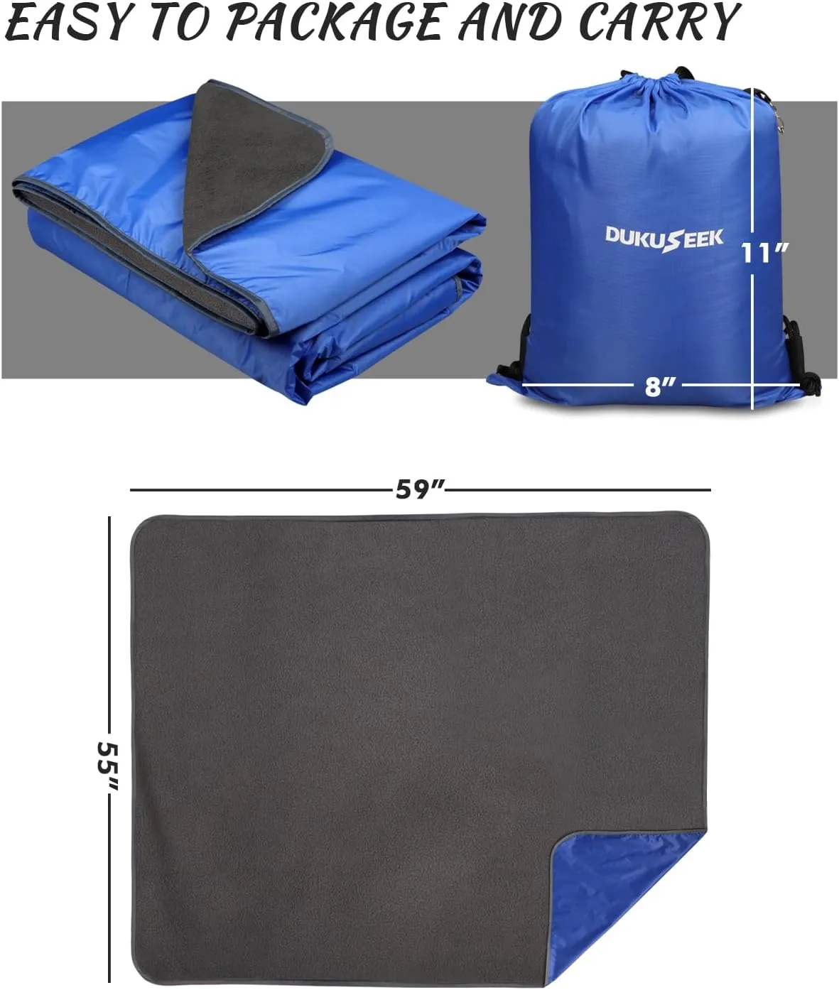 DUKUSEEK Outdoor Waterproof Stadium Blanket with Hood, Windproof Camping Blankets for Cold Weather, Sports, Yard, Soccer, Large Warm Fleece All Weather Blankets, Dark Blue 59"x56"