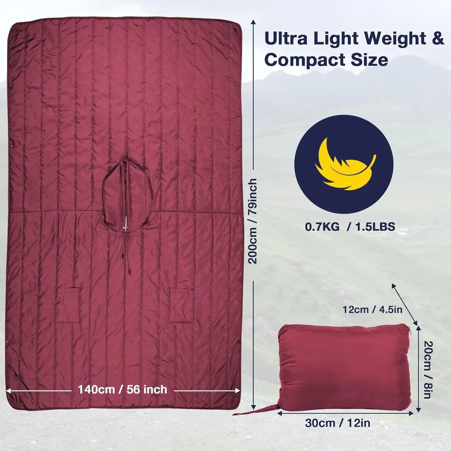 DUKUSEEK Outdoor Wearable Camping Blanket, Large Packable Backpacking Hooded Stadium Blankets, Lightweight Warm Quilt for Picnic, Hiking, Football, 79"X56", Wine Red
