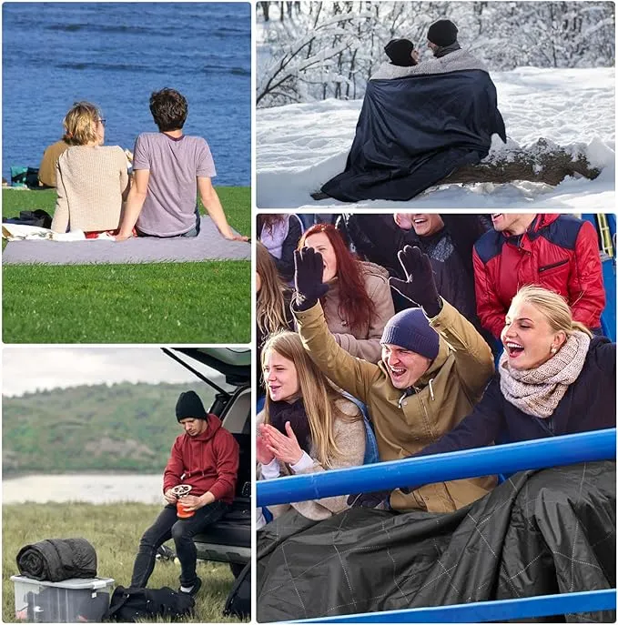 DUKUSEEK Sherpa Waterproof Camping Blanket with Hood - Warm Large Fleece Outdoor Stadium Blanket for Car, Boat, Picnic, Outdoor Sporting Events, Windproof Sports Blankets for Cold Weather
