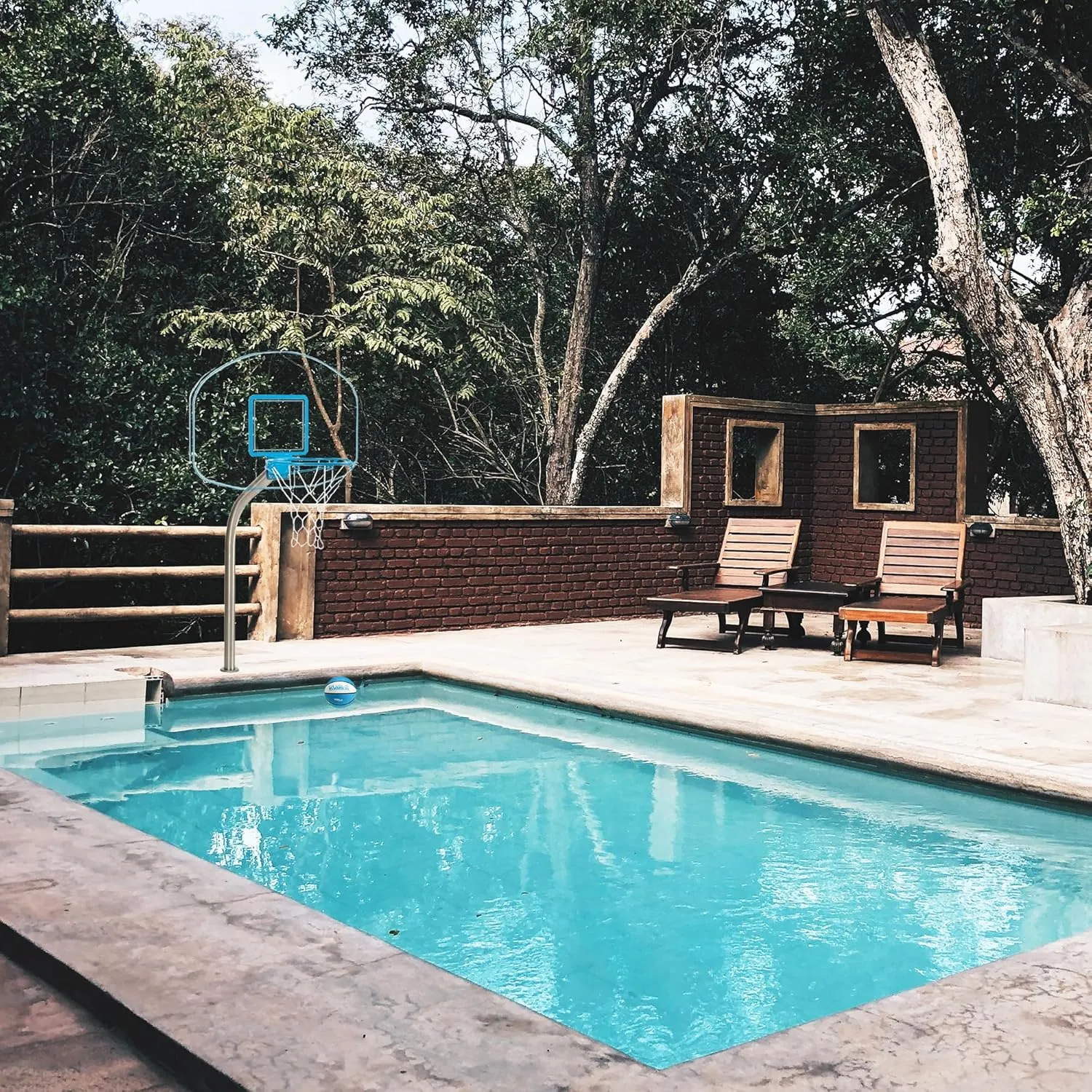 Dunn-Rite Clear Hoop Jr. Deck-Mounted Poolside Basketball Hoop w/Ball, 2 & 3/8" Brass Anchor w/Cap, & 14 Inch Stainless Steel Rim