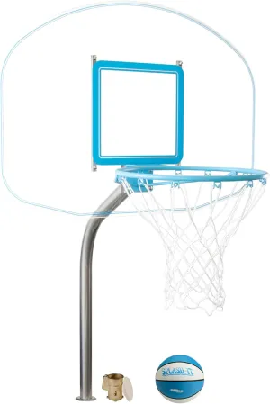 DUNNRITE Premium Regulation Clear Hoop Deck-Mounted Pool Basketball Set, Stainless Steel Post, Clear Thick Acrylic Backboard and Stainless Steel Rim and Basketball with Mounting Anchor