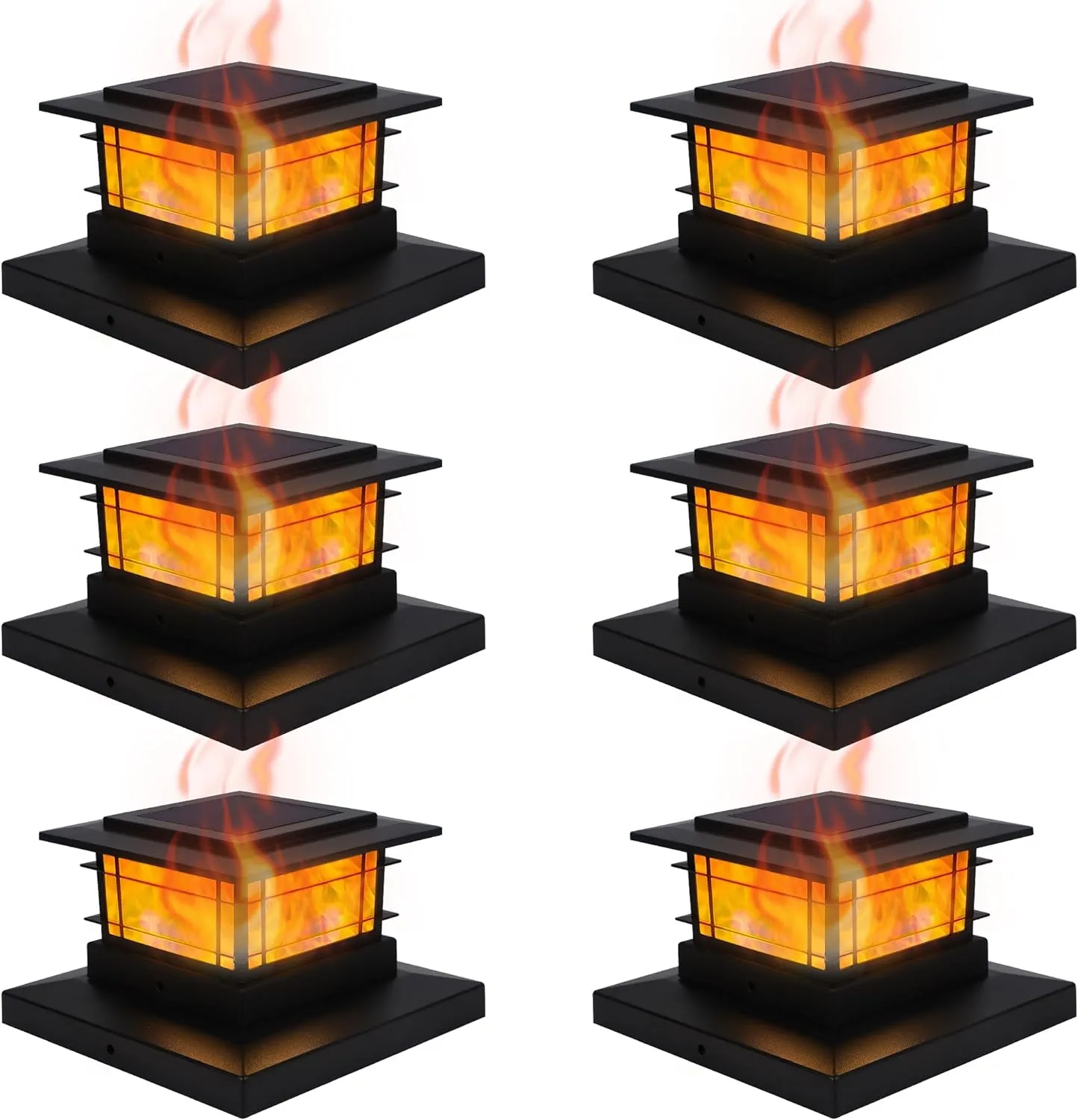 Dynaming 6 Pack Solar Post Cap Lights Outdoor with Flickering Flame Light, Fence Post Solar Lights Fit for 4x4 5x5 6x6 Vinyl/Wooden Posts, High Brightness SMD LED Lighting Decor for Garden Deck Patio