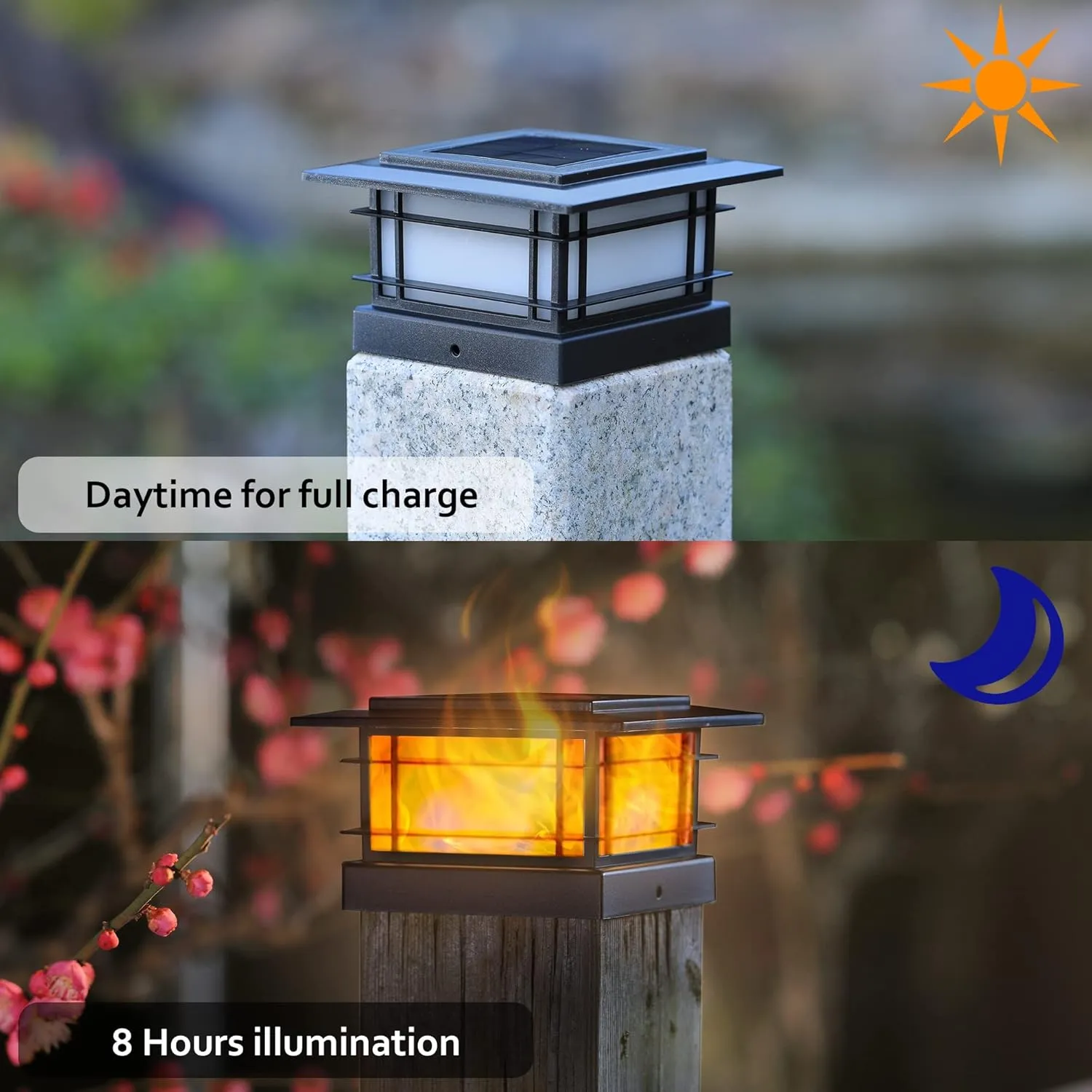 Dynaming 6 Pack Solar Post Cap Lights Outdoor with Flickering Flame Light, Fence Post Solar Lights Fit for 4x4 5x5 6x6 Vinyl/Wooden Posts, High Brightness SMD LED Lighting Decor for Garden Deck Patio