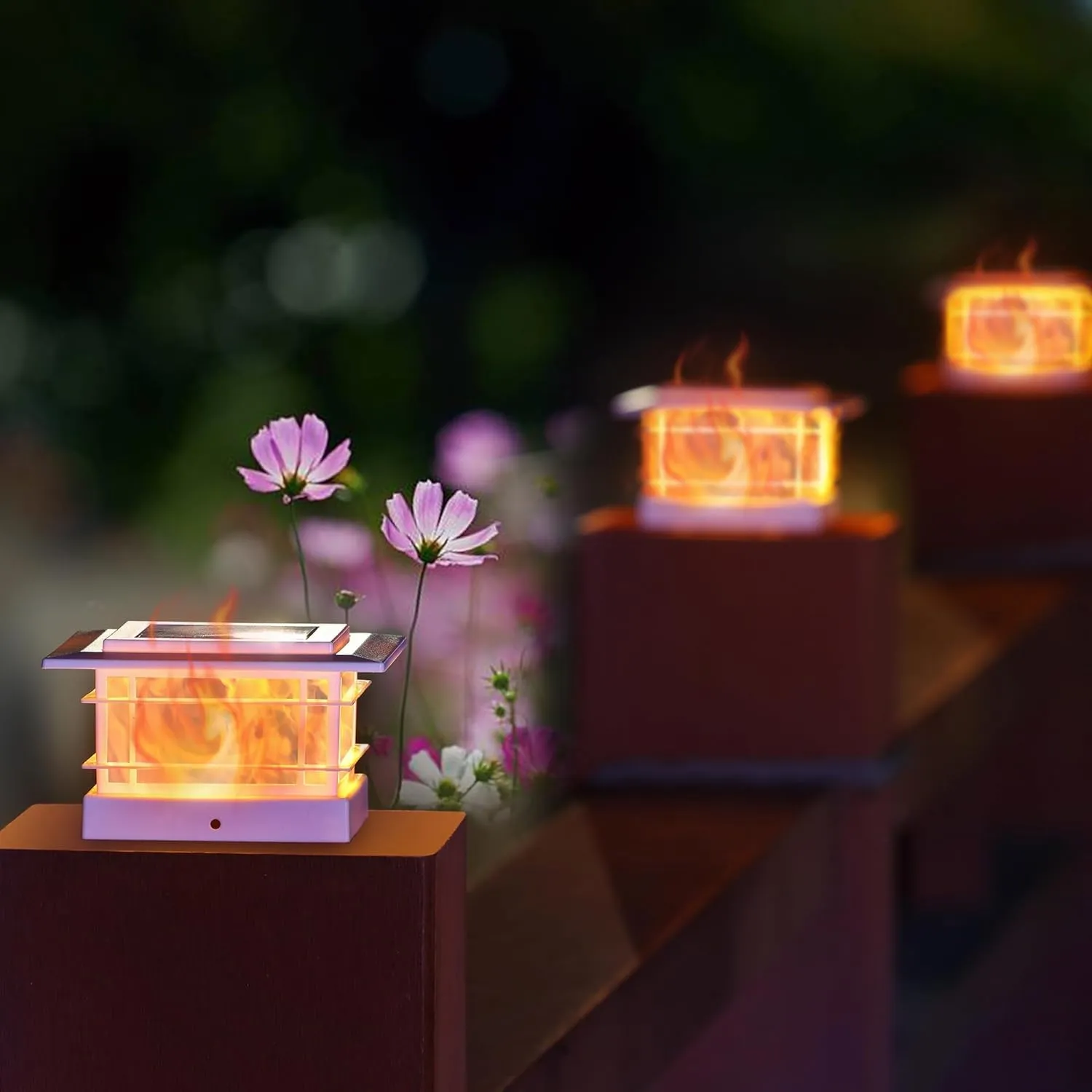 Dynaming 8 Pack Solar Post Cap Lights Outdoor with Flickering Flame Light, White Shell Fence Post Solar Lights Fit 4x4 5x5 6x6 Vinyl/Wooden Posts, Brightness LED Lighting Decor for Garden Deck Patio