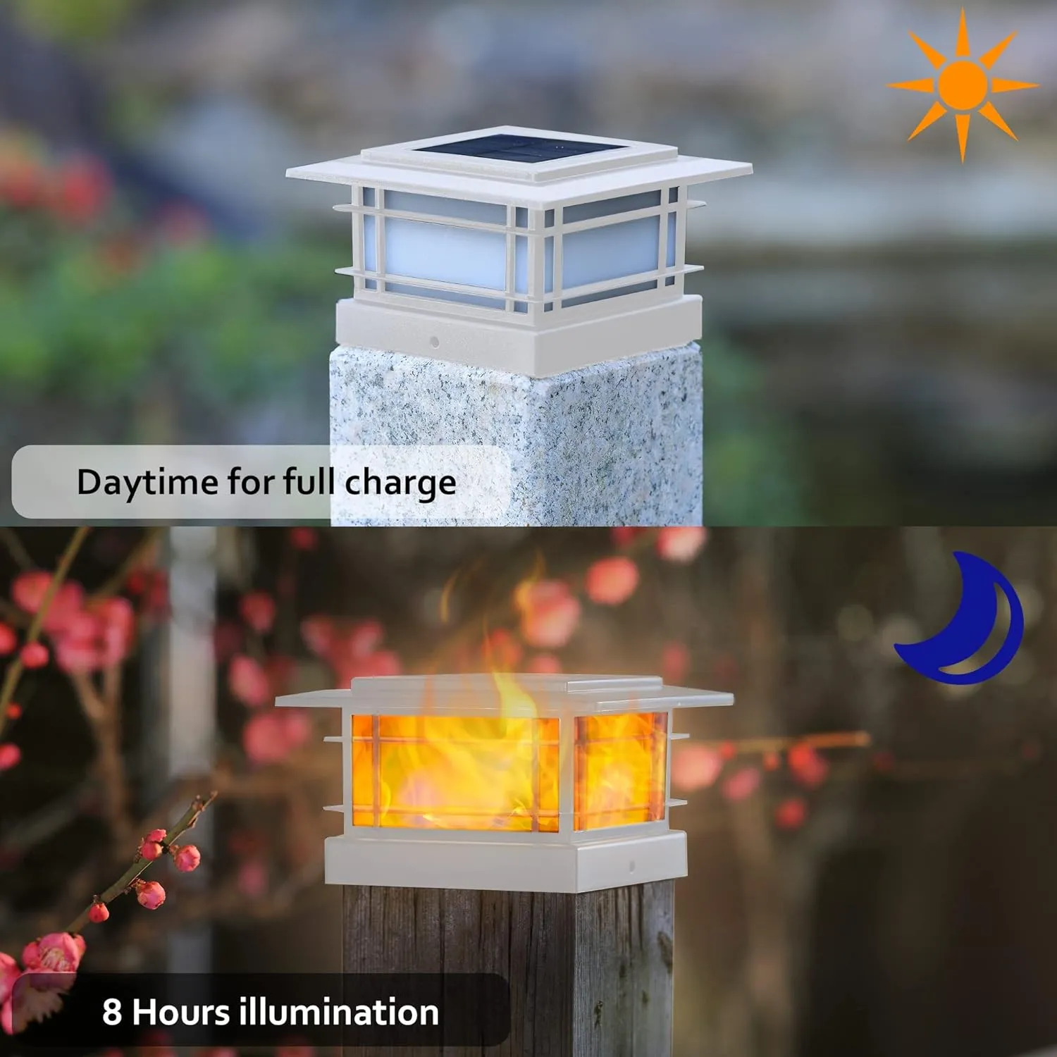 Dynaming 8 Pack Solar Post Cap Lights Outdoor with Flickering Flame Light, White Shell Fence Post Solar Lights Fit 4x4 5x5 6x6 Vinyl/Wooden Posts, Brightness LED Lighting Decor for Garden Deck Patio