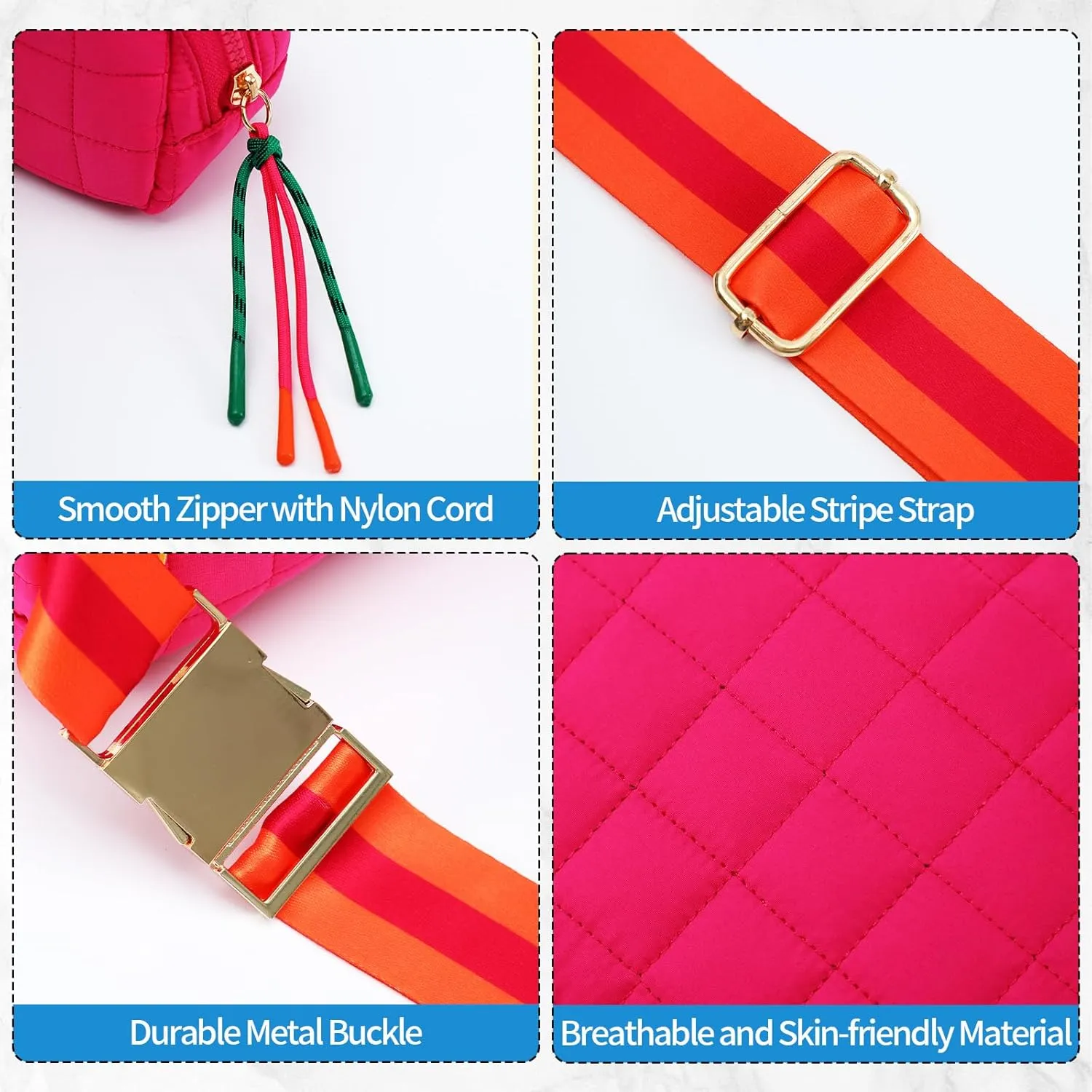 DYSHAYEN Quilted Belt Bag Fanny Pack Crossbody Bag for Women Everywhere Belt Bag with Stripe Strap,Fashion Waist Bag for Workout Running Traveling Hiking (Hot Pink)
