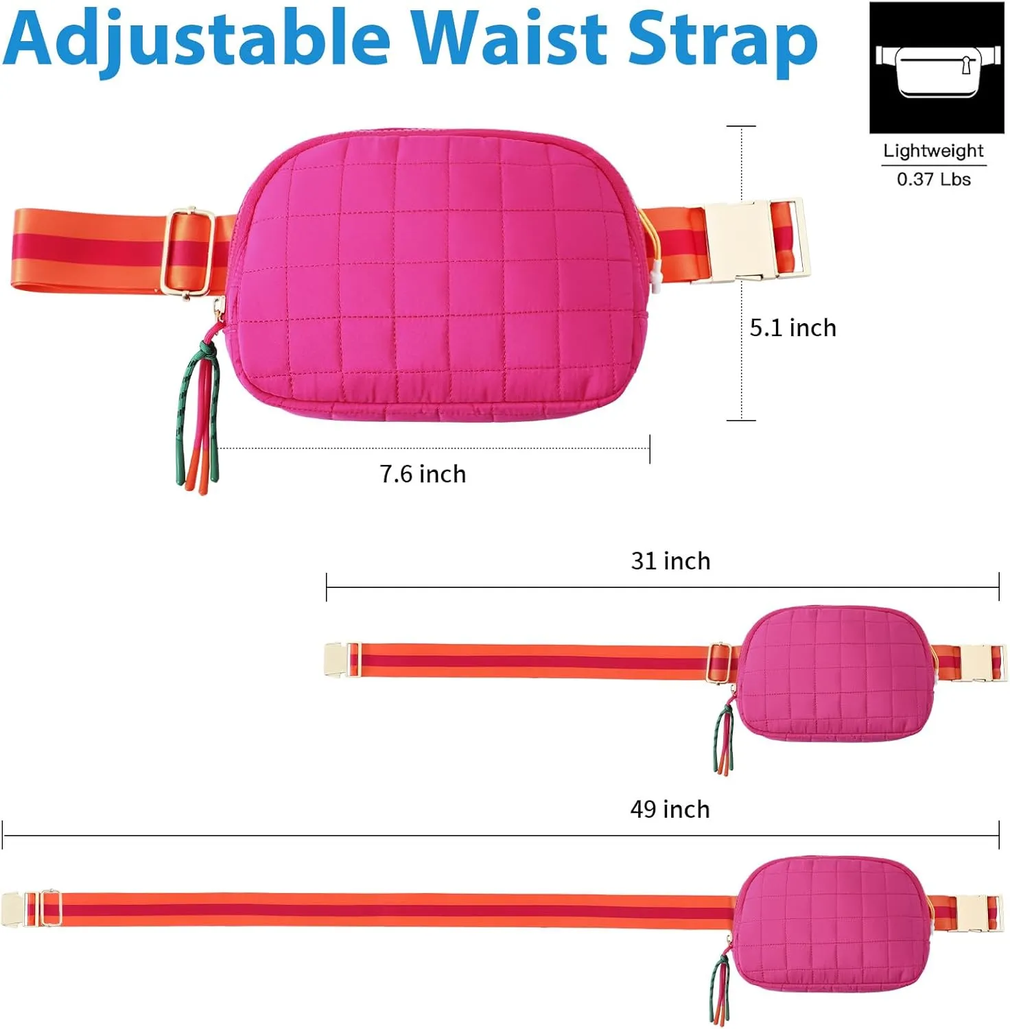 DYSHAYEN Quilted Belt Bag Fanny Pack Crossbody Bag for Women Everywhere Belt Bag with Stripe Strap,Fashion Waist Bag for Workout Running Traveling Hiking (Hot Pink)