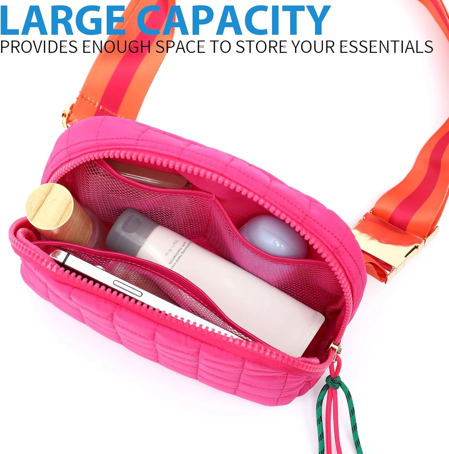 DYSHAYEN Quilted Belt Bag Fanny Pack Crossbody Bag for Women Everywhere Belt Bag with Stripe Strap,Fashion Waist Bag for Workout Running Traveling Hiking (Hot Pink)