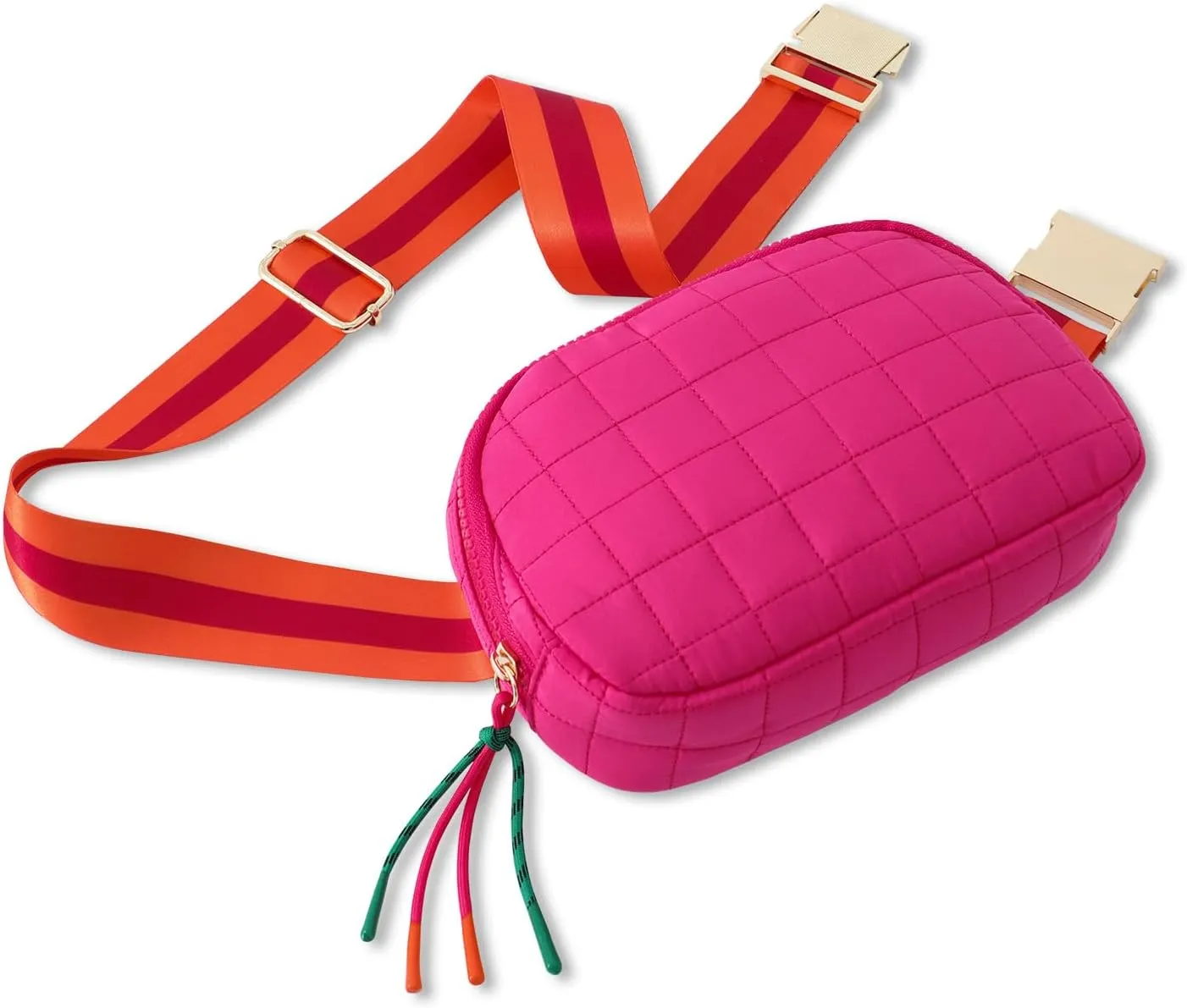 DYSHAYEN Quilted Belt Bag Fanny Pack Crossbody Bag for Women Everywhere Belt Bag with Stripe Strap,Fashion Waist Bag for Workout Running Traveling Hiking (Hot Pink)