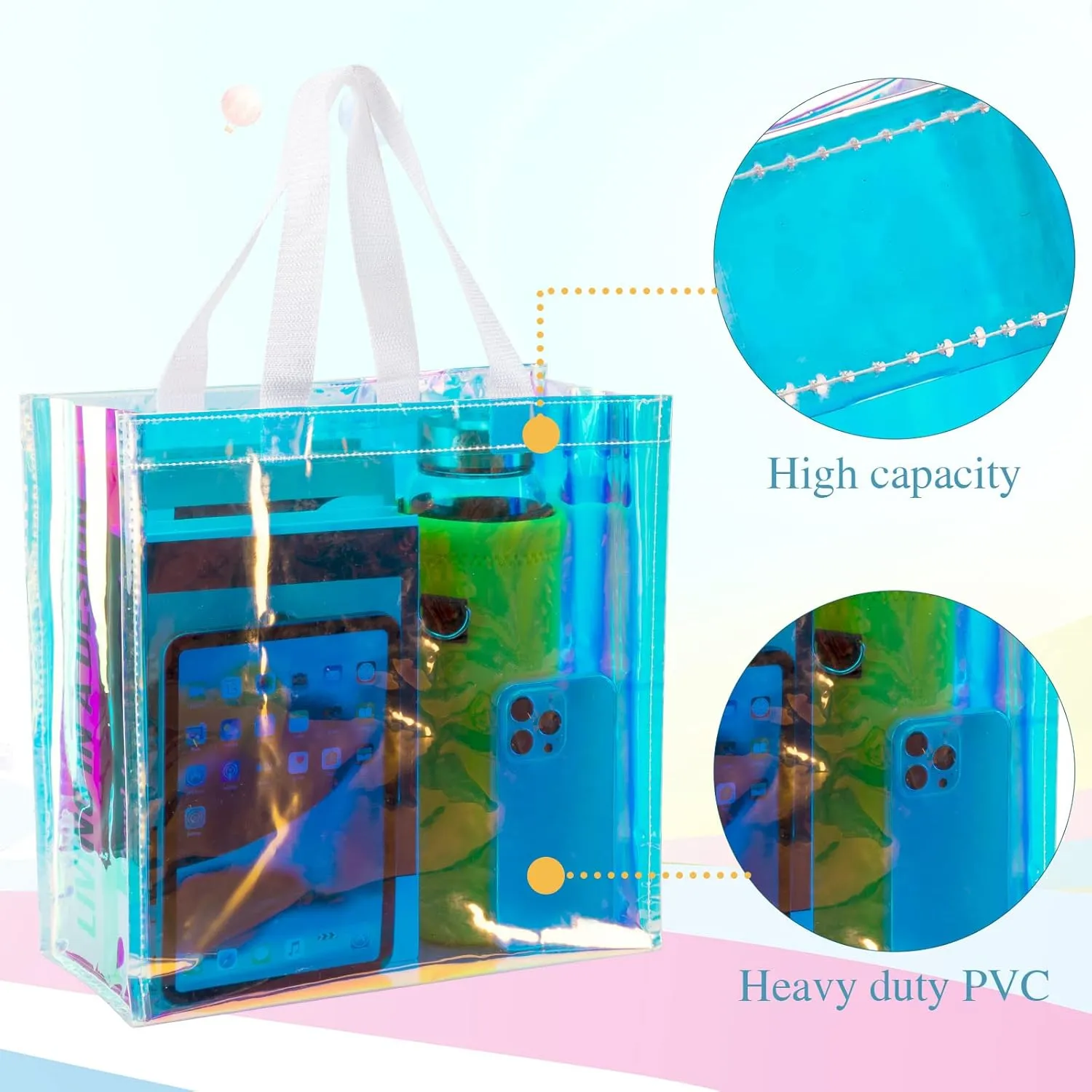 Eccliy 30 Pack 12x12x6 Inch Clear Tote Bag Stadium Approved Bulk Plastic Tote Gift Bag with Handle for Gym Sports Beach