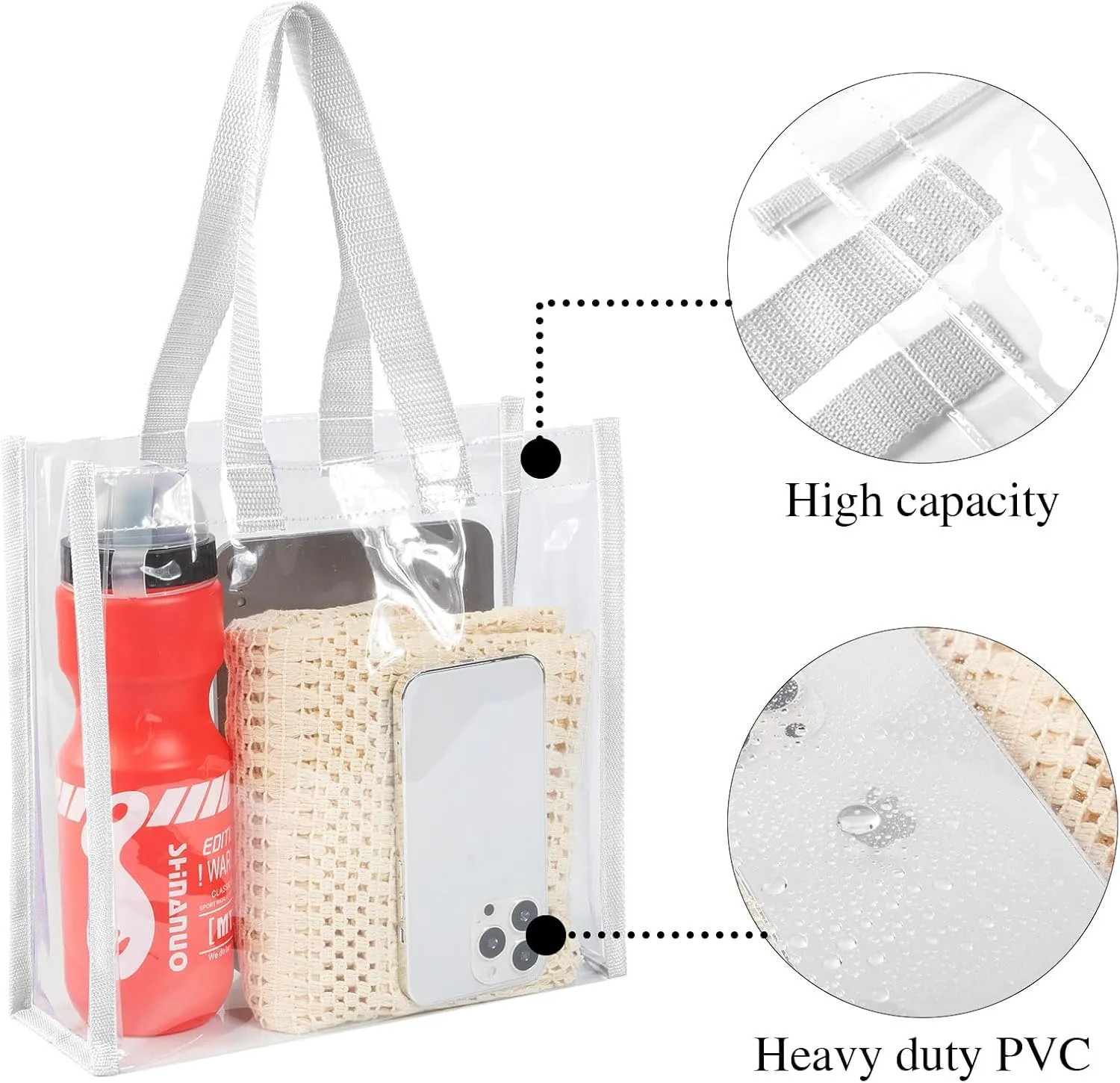 Eccliy 30 Pack 12x12x6 Inch Clear Tote Bag Stadium Approved Bulk Plastic Tote Gift Bag with Handle for Gym Sports Beach