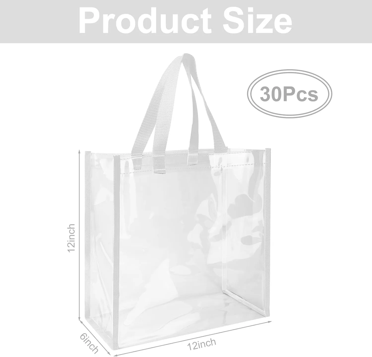 Eccliy 30 Pack 12x12x6 Inch Clear Tote Bag Stadium Approved Bulk Plastic Tote Gift Bag with Handle for Gym Sports Beach