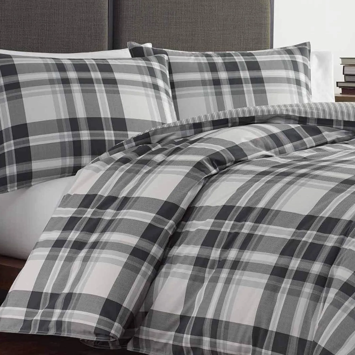 Eddie Bauer - Queen Comforter Set, Cotton Reversible Bedding with Matching Shams, Plaid Home Decor for All Seasons (Coal Creek Grey, Queen)