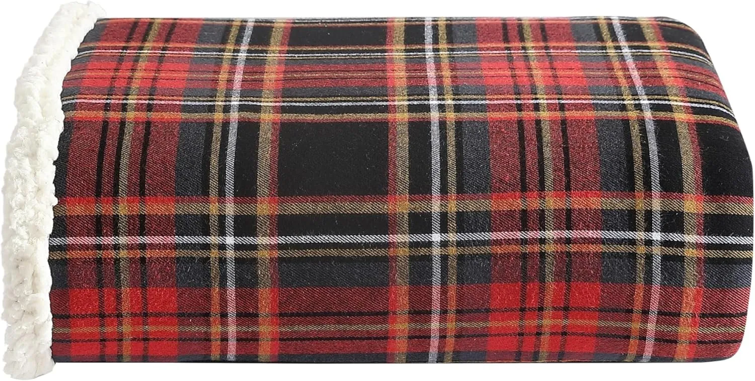 Eddie Bauer - Throw Blanket, Cotton Flannel Home Decor, All Season Reversible Sherpa Bedding (Mountain Tartan Red, Throw)