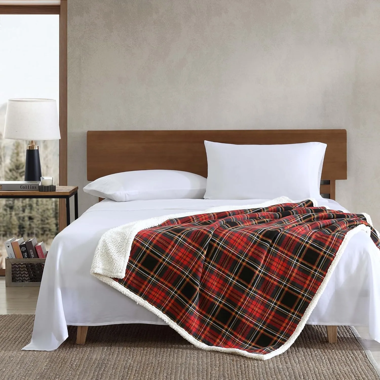 Eddie Bauer - Throw Blanket, Cotton Flannel Home Decor, All Season Reversible Sherpa Bedding (Mountain Tartan Red, Throw)