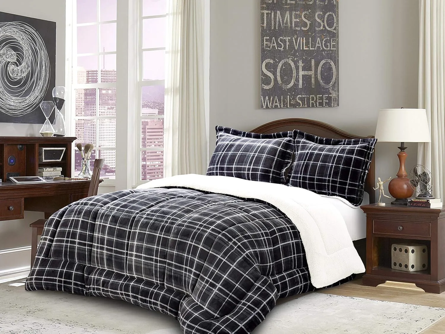 Elegant Comfort Softest, Coziest Heavy Weight Plaid Pattern Micromink Sherpa-Backing Premium Quality Down Down Alternative Micro-Suede 3-Piece Reversible Comforter Set, King/Cal King, Grey