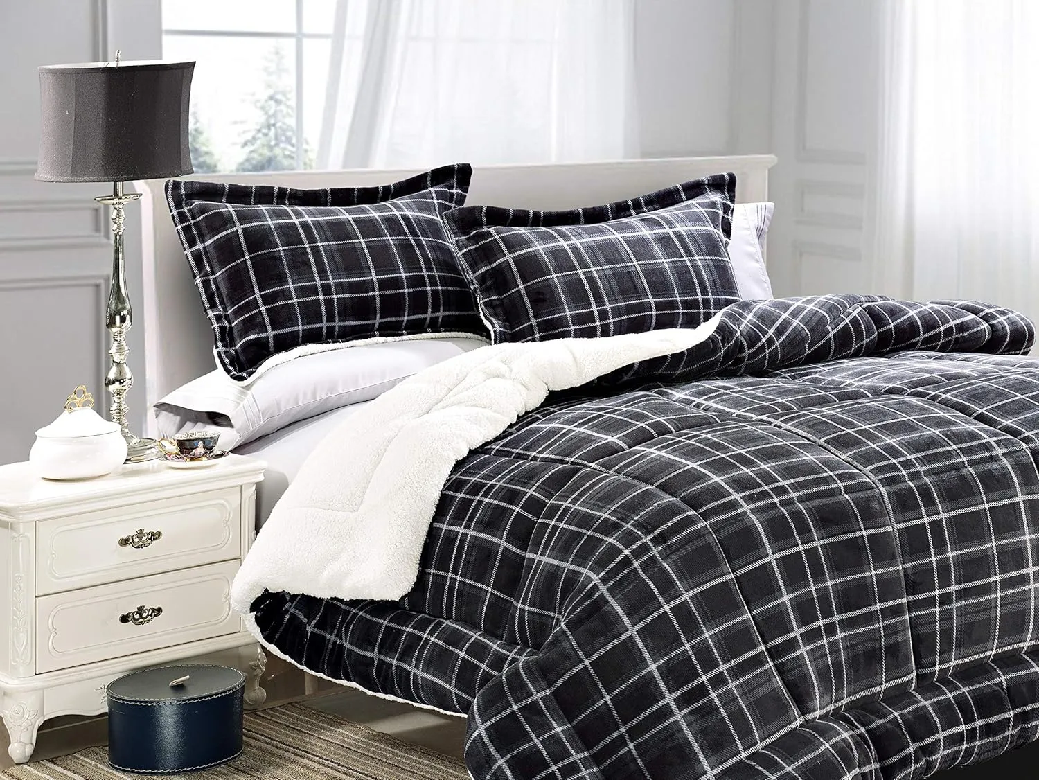 Elegant Comfort Softest, Coziest Heavy Weight Plaid Pattern Micromink Sherpa-Backing Premium Quality Down Down Alternative Micro-Suede 3-Piece Reversible Comforter Set, King/Cal King, Grey