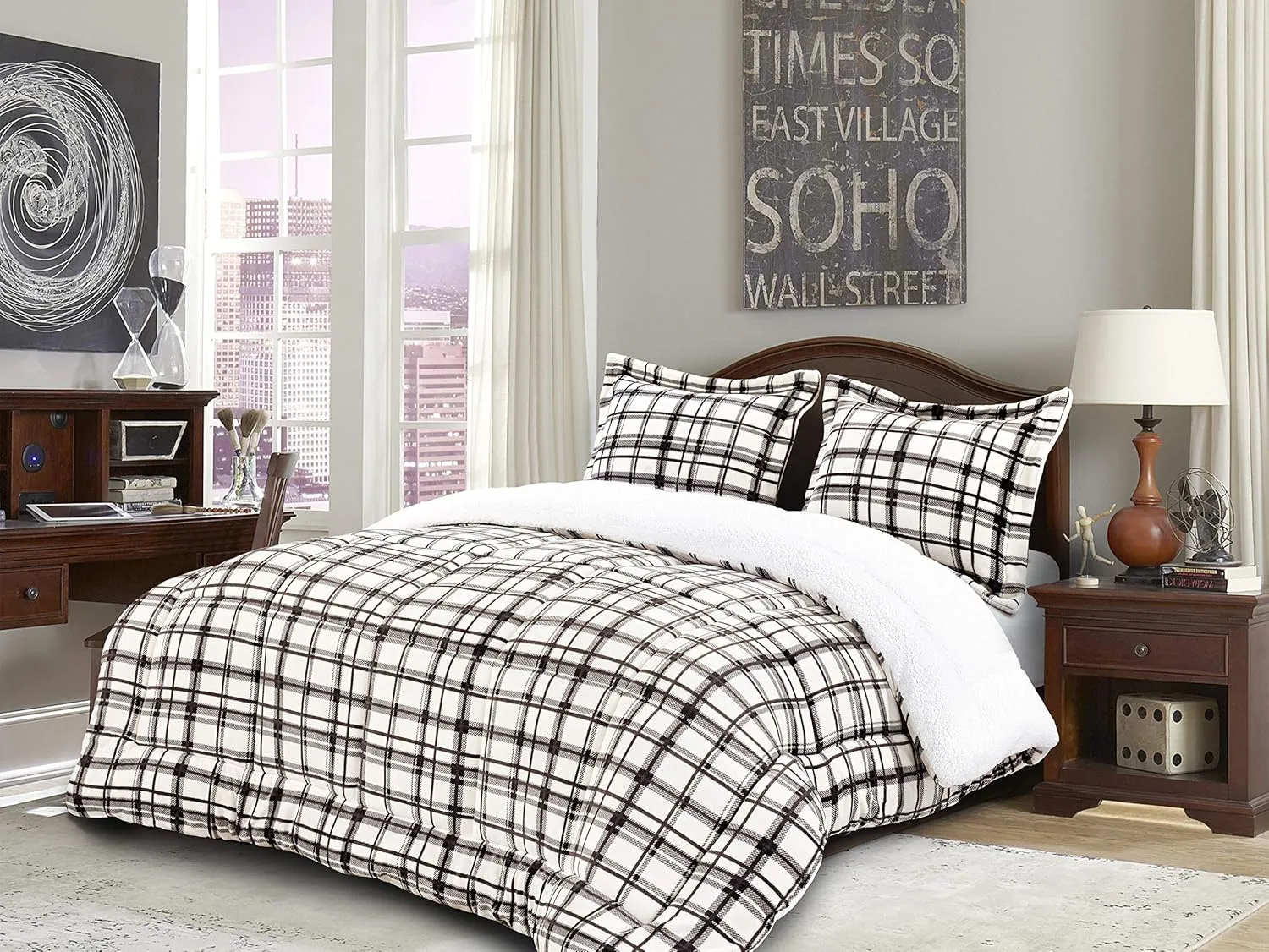 Elegant Comfort Softest, Coziest Heavy Weight Plaid Pattern Micromink Sherpa-Backing Premium Quality Down Down Alternative Micro-Suede 3-Piece Reversible Comforter Set, King/Cal King, Mocha