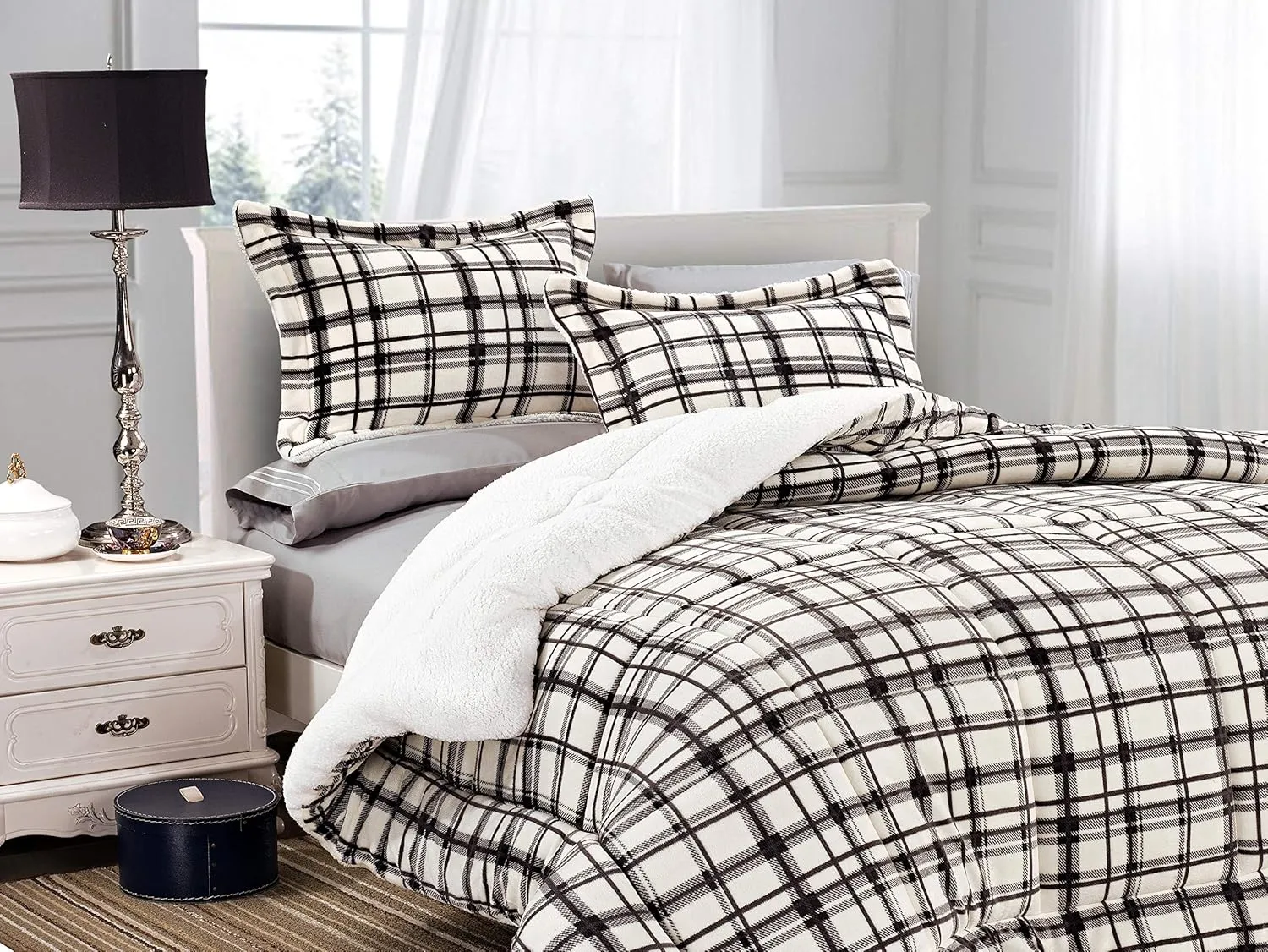 Elegant Comfort Softest, Coziest Heavy Weight Plaid Pattern Micromink Sherpa-Backing Premium Quality Down Down Alternative Micro-Suede 3-Piece Reversible Comforter Set, King/Cal King, Mocha