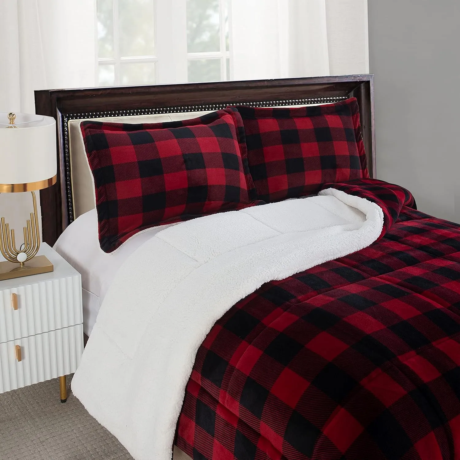 Elegant Comfort Softest, Coziest Premium Quality Heavy Weight Micromink Sherpa-Backing Reversible Down Alternative Micro-Suede 3-Piece Comforter Set, Queen, Buffalo Plaid, Burgundy/Black