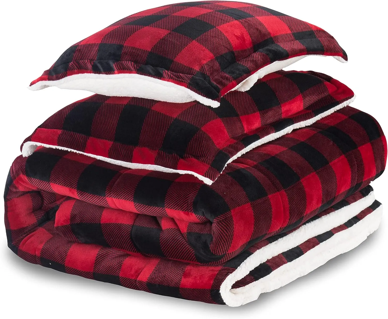 Elegant Comfort Softest, Coziest Premium Quality Heavy Weight Micromink Sherpa-Backing Reversible Down Alternative Micro-Suede 3-Piece Comforter Set, Queen, Buffalo Plaid, Burgundy/Black