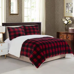 Elegant Comfort Softest, Coziest Premium Quality Heavy Weight Micromink Sherpa-Backing Reversible Down Alternative Micro-Suede 3-Piece Comforter Set, Queen, Buffalo Plaid, Burgundy/Black