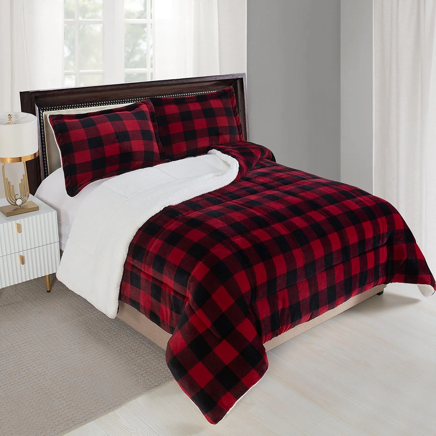 Elegant Comfort Softest, Coziest Premium Quality Heavy Weight Micromink Sherpa-Backing Reversible Down Alternative Micro-Suede 3-Piece Comforter Set, Queen, Buffalo Plaid, Burgundy/Black