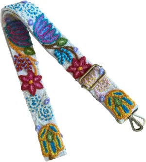 Embroidered Adjustable Shoulder Strap, Camera Strap, Crossbody - Aqua Star/Cream Band