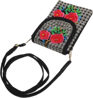 Embroidered Canvas Crossbody Bag for Women Vintage Shoulder Pouch with Smooth Zipper Lightweight Mobile Phone Pouch Unique Rose Flower Design present for Celebrations