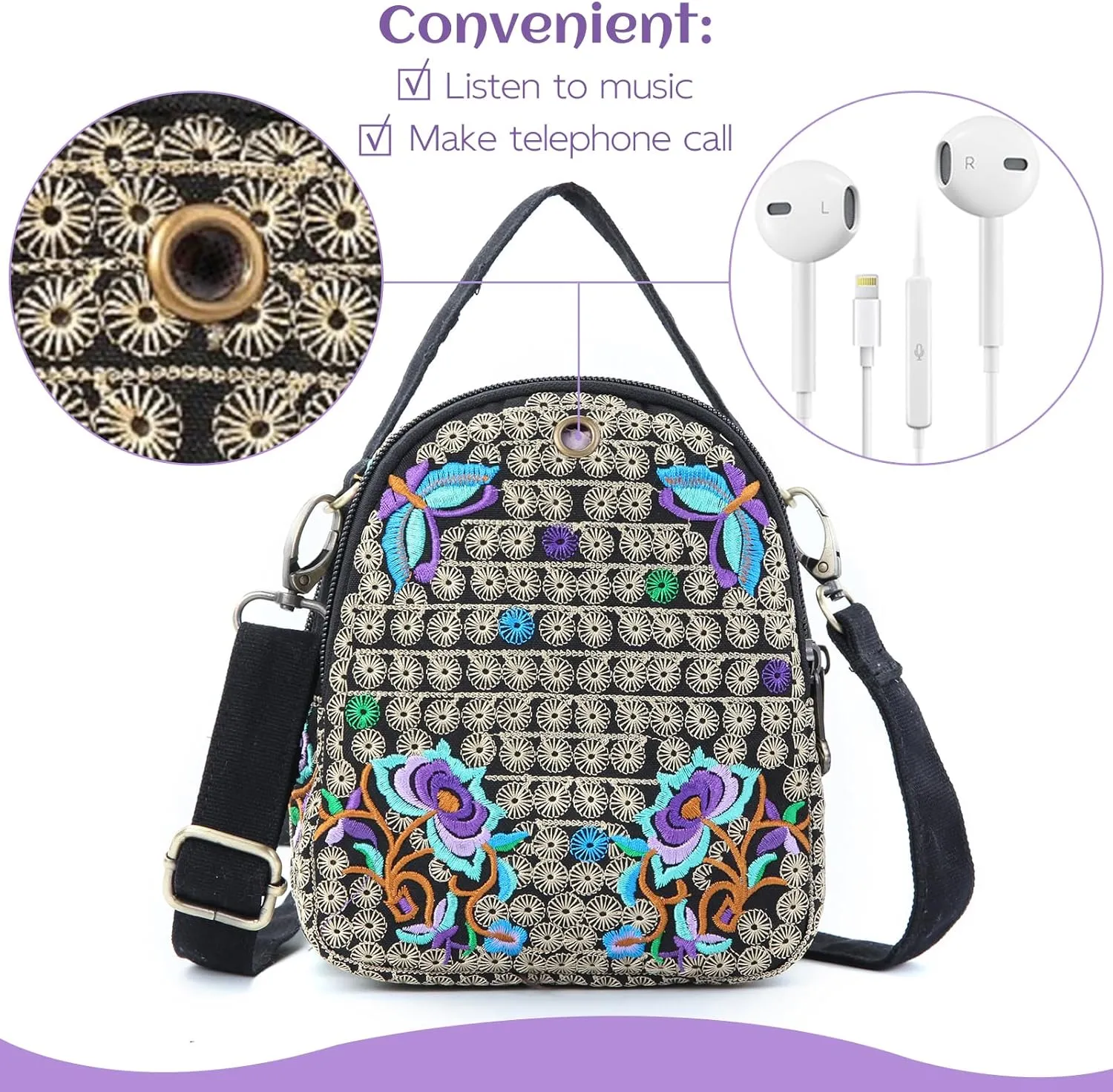 Embroidery Canvas Shoulder Bag Women Vintage Boho Mini Crossbody Bag Handbag Cell Phone Pouch