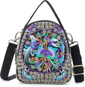 Embroidery Canvas Shoulder Bag Women Vintage Boho Mini Crossbody Bag Handbag Cell Phone Pouch