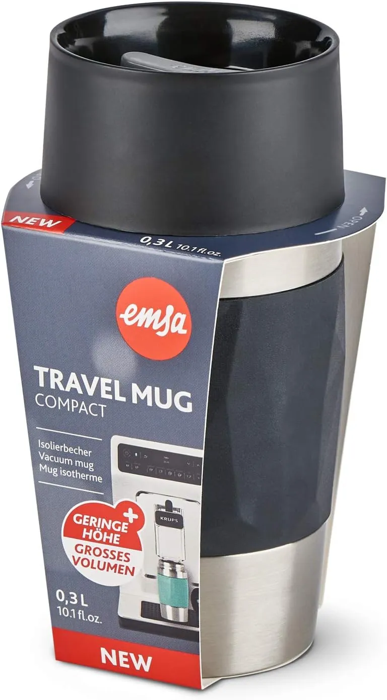 Emsa N21601 Travel Mug Compact Thermo/Insulated Stainless Steel Mug 0.3 Litres Hot 4 Hours Cold 8 Hours BPA Free 100% Leak Proof Dishwasher Safe 360° Drinking Opening Black