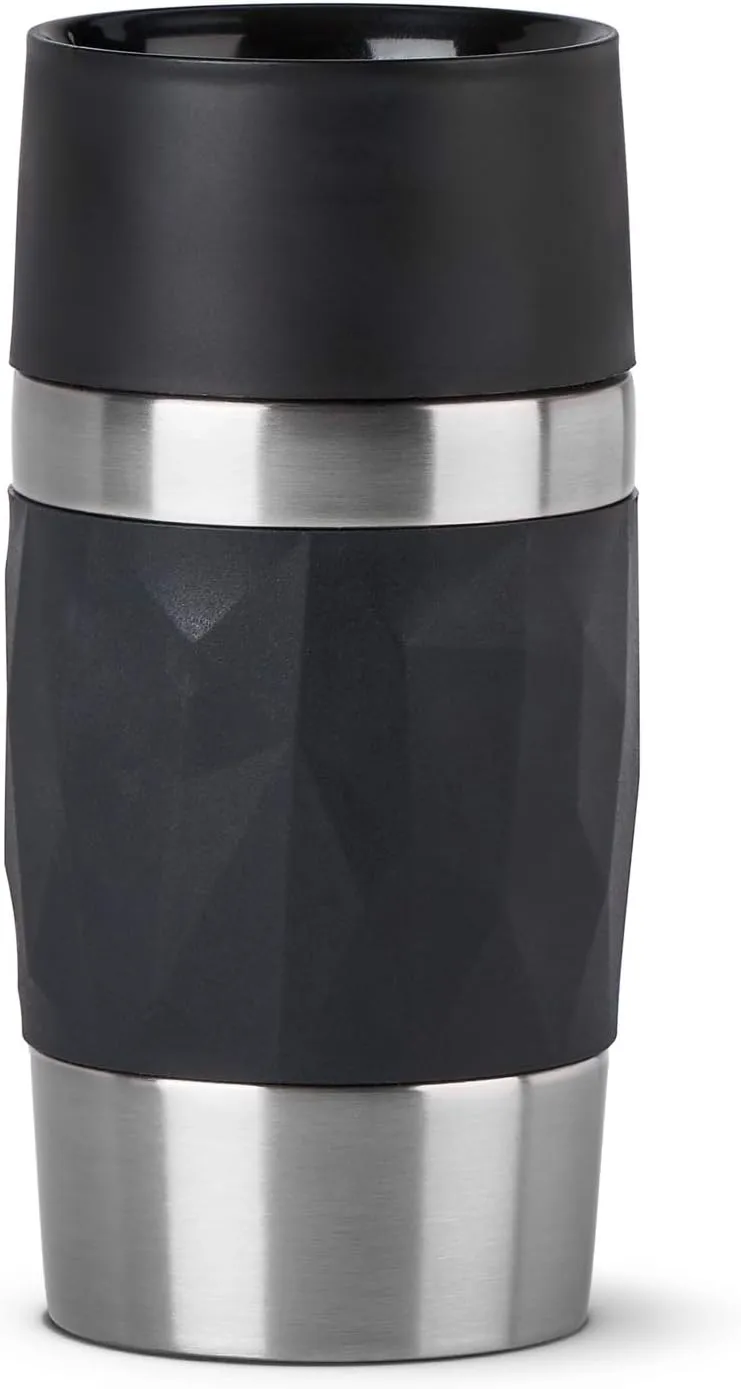 Emsa N21601 Travel Mug Compact Thermo/Insulated Stainless Steel Mug 0.3 Litres Hot 4 Hours Cold 8 Hours BPA Free 100% Leak Proof Dishwasher Safe 360° Drinking Opening Black