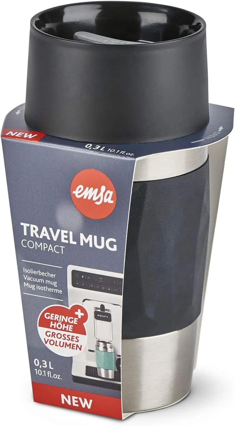Emsa N21601 Travel Mug Compact Thermo/Insulated Stainless Steel Mug 0.3 Litres Hot 4 Hours Cold 8 Hours BPA Free 100% Leak Proof Dishwasher Safe 360° Drinking Opening Black