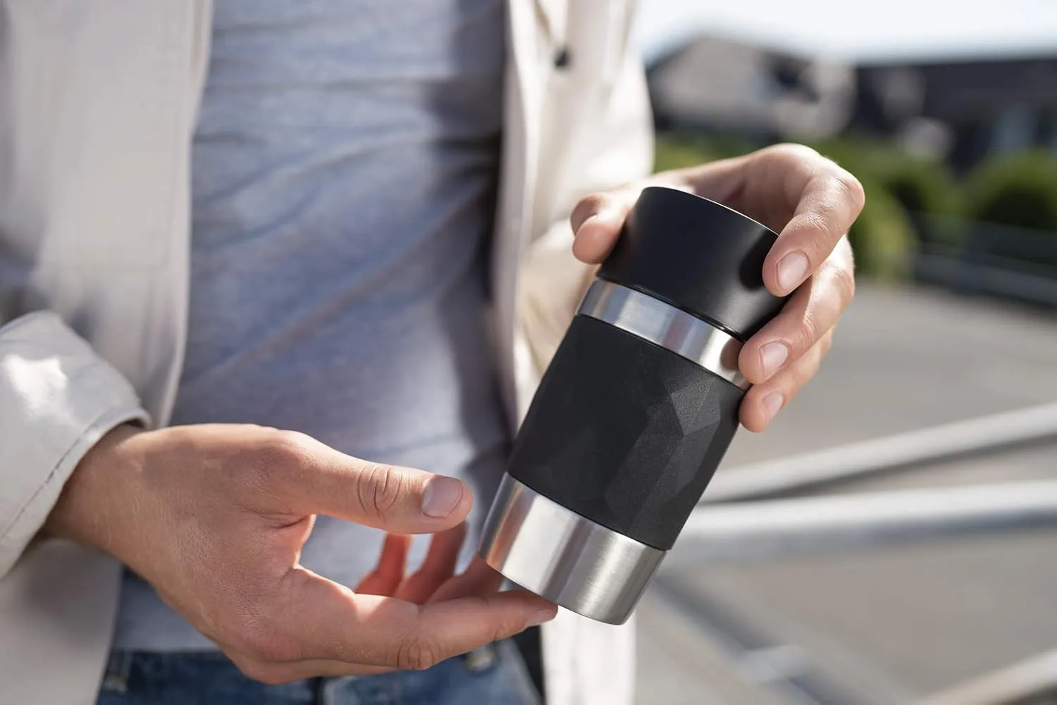 Emsa N21601 Travel Mug Compact Thermo/Insulated Stainless Steel Mug 0.3 Litres Hot 4 Hours Cold 8 Hours BPA Free 100% Leak Proof Dishwasher Safe 360° Drinking Opening Black