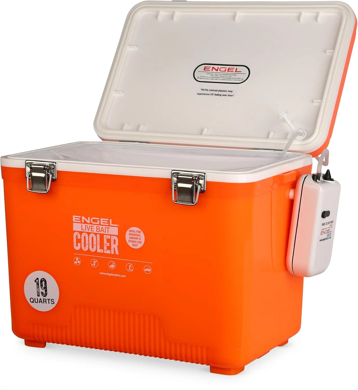 Engel Live Bait Cooler Box with 2nd Gen 2-Speed Aerator Pump - Portable Fishing Station & Minnow Bucket for Shrimp & Other Live Fish with Aerator - ENGLBC-N