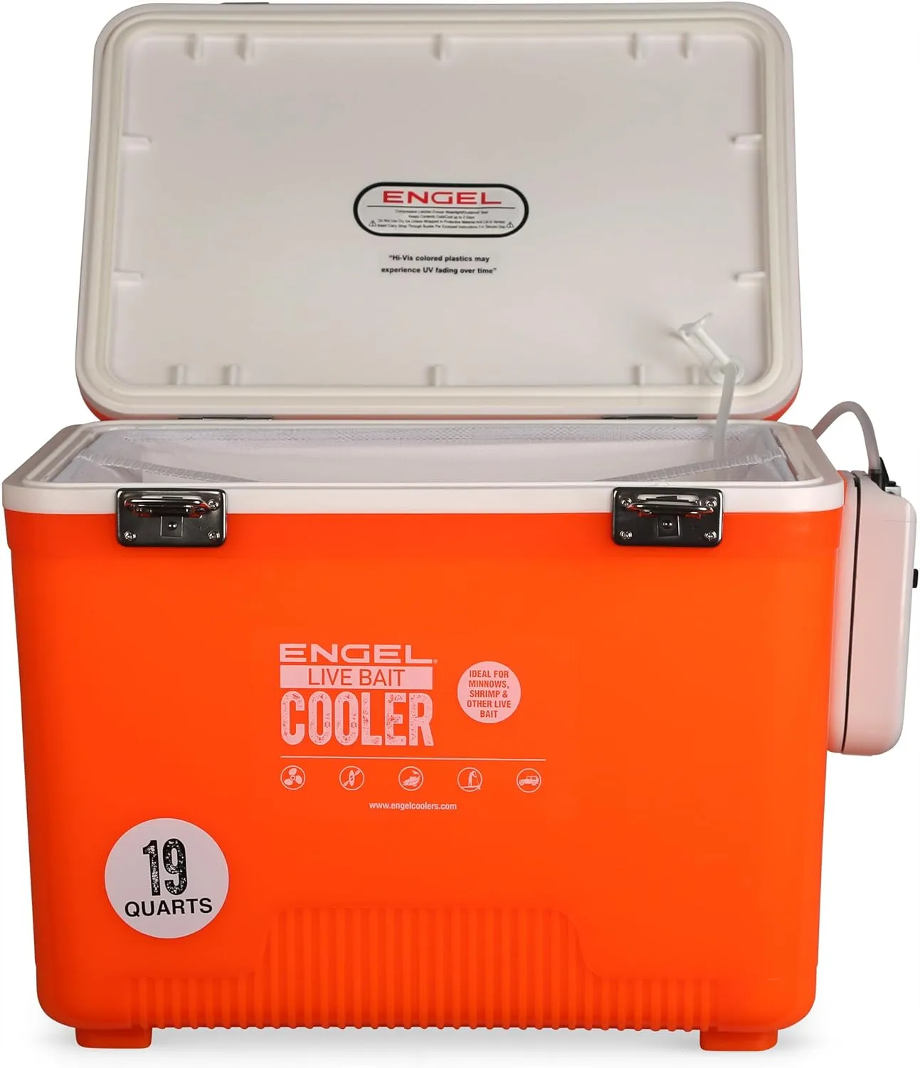 Engel Live Bait Cooler Box with 2nd Gen 2-Speed Aerator Pump - Portable Fishing Station & Minnow Bucket for Shrimp & Other Live Fish with Aerator - ENGLBC-N