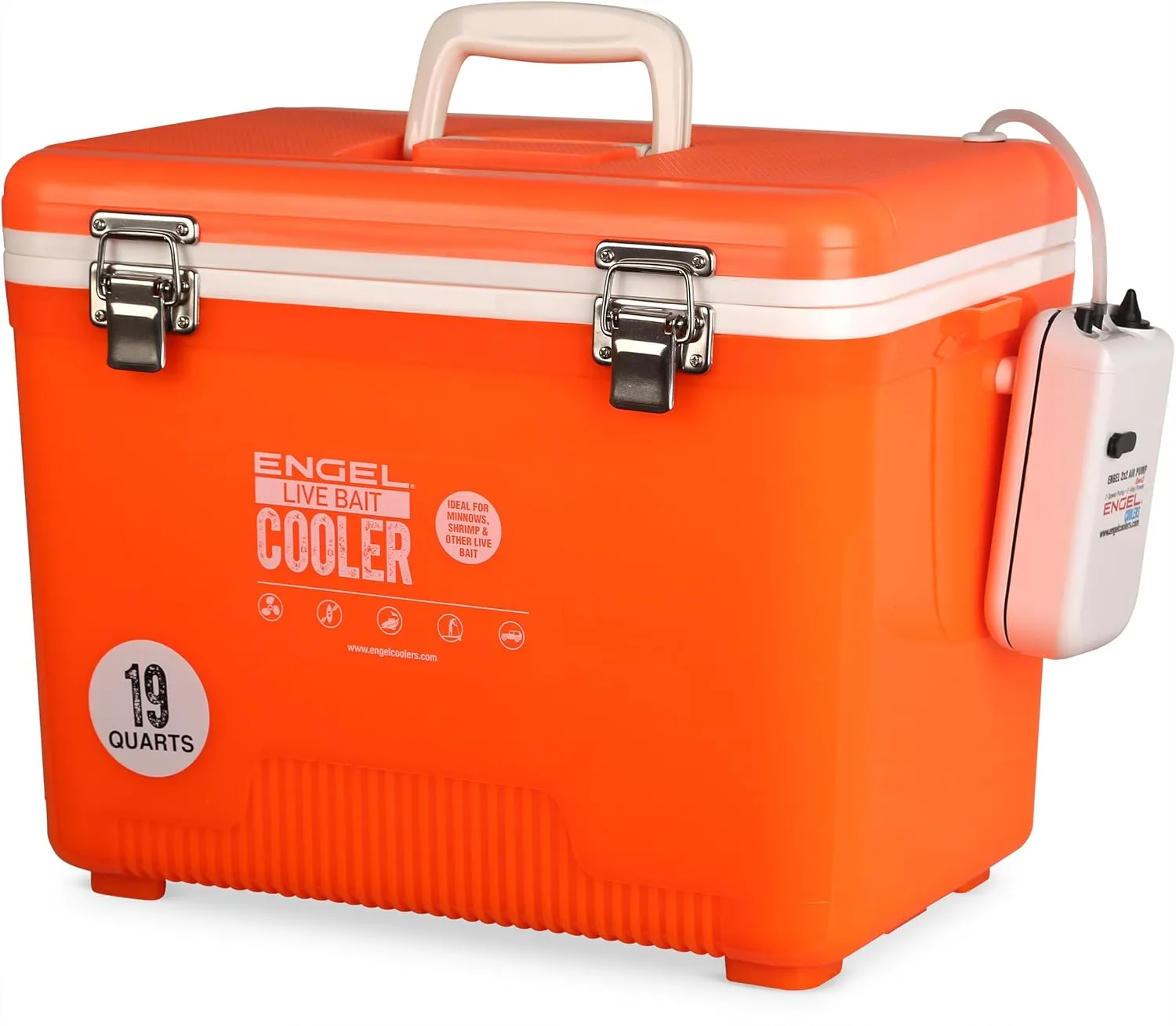 Engel Live Bait Cooler Box with 2nd Gen 2-Speed Aerator Pump - Portable Fishing Station & Minnow Bucket for Shrimp & Other Live Fish with Aerator - ENGLBC-N