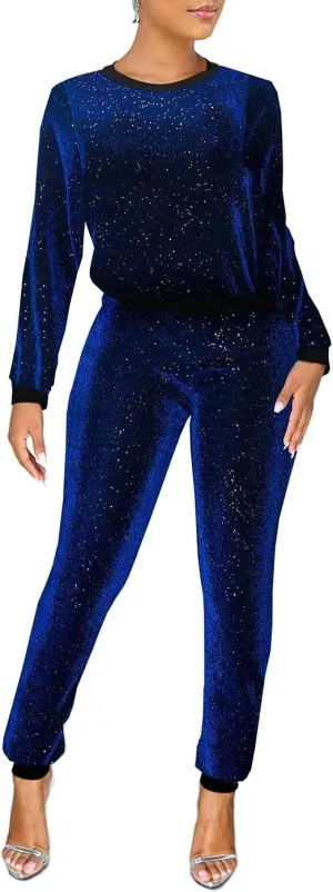 EOSIEDUR Womens 2 Piece Outfits & Sexy Silver Glitter Sequins & Metallic Shiny Top and Pants Set