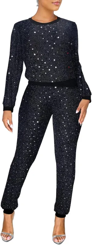 EOSIEDUR Womens 2 Piece Outfits & Sexy Silver Glitter Sequins & Metallic Shiny Top and Pants Set