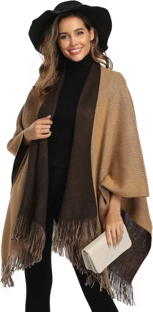 Epsion Women's Color Block Shawl Wrap Plus Size Cardigan Poncho Cape Open Front Long Winter Sweater Coat