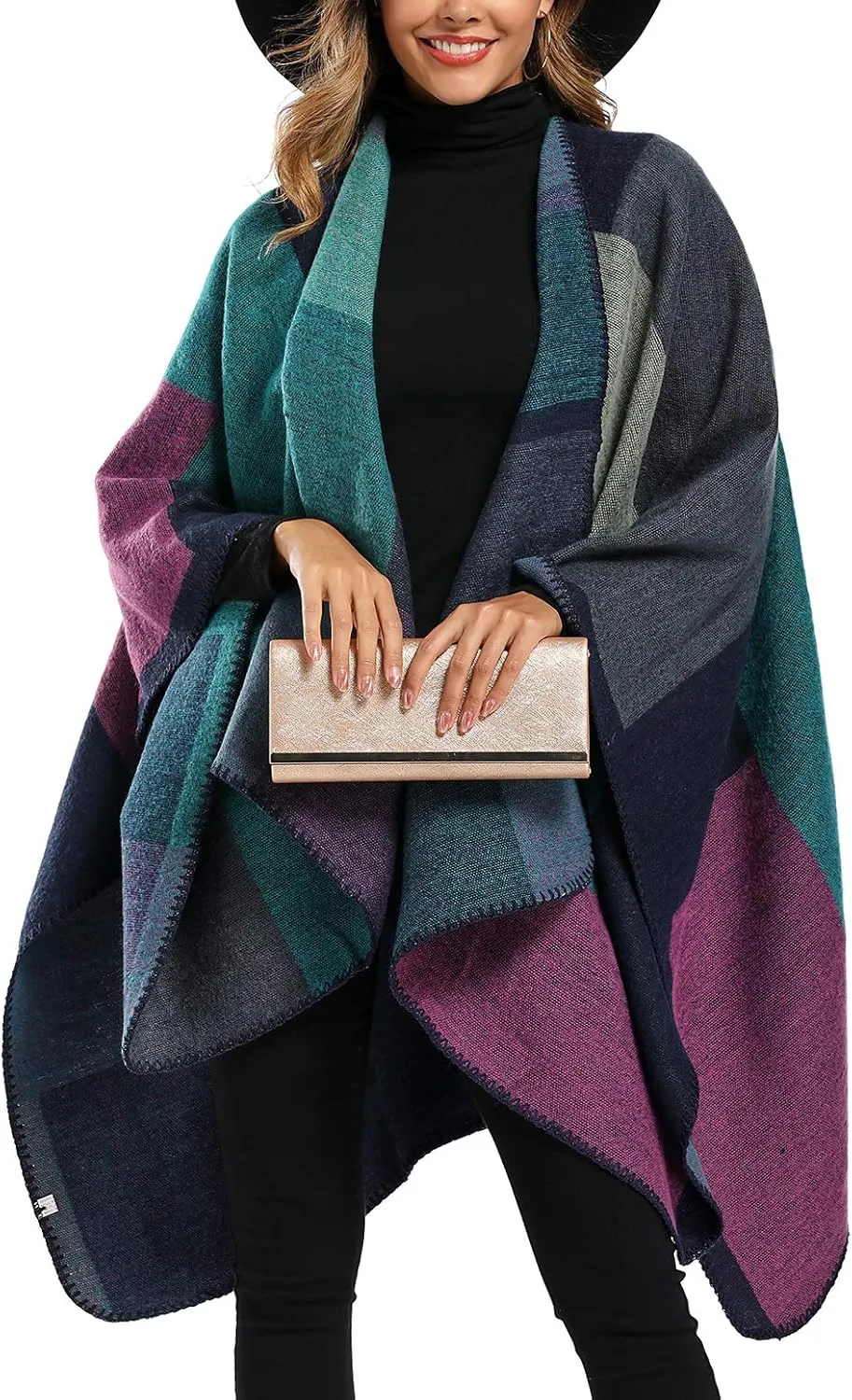 Epsion Women's Color Block Shawl Wrap Plus Size Cardigan Poncho Cape Open Front Long Winter Sweater Coat