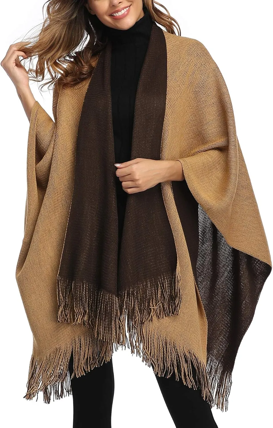 Epsion Women's Color Block Shawl Wrap Plus Size Cardigan Poncho Cape Open Front Long Winter Sweater Coat