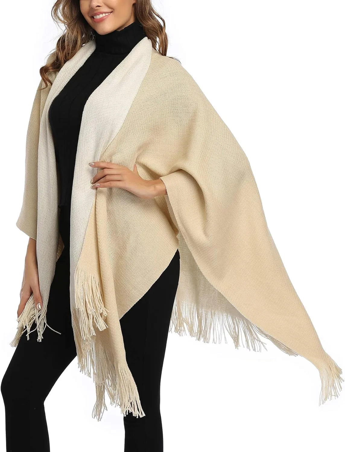 Epsion Women's Color Block Shawl Wrap Plus Size Cardigan Poncho Cape Open Front Long Winter Sweater Coat