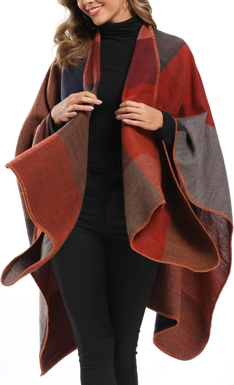 Epsion Women's Color Block Shawl Wrap Plus Size Cardigan Poncho Cape Open Front Long Winter Sweater Coat