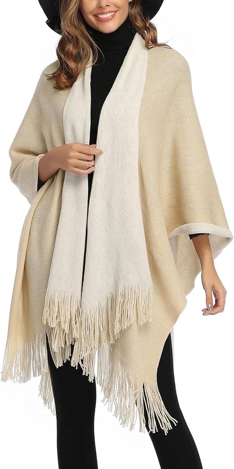 Epsion Women's Color Block Shawl Wrap Plus Size Cardigan Poncho Cape Open Front Long Winter Sweater Coat