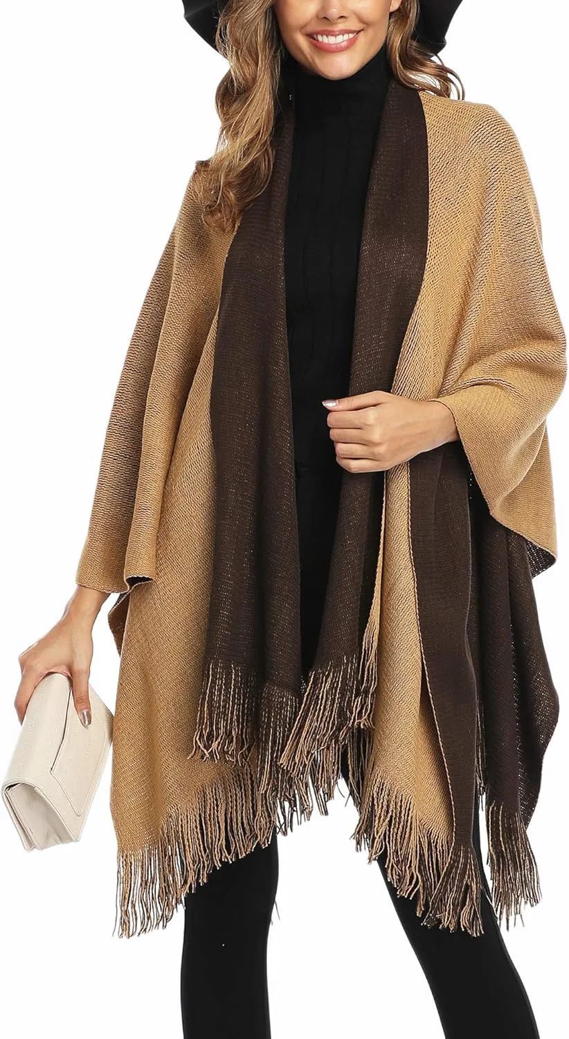 Epsion Women's Color Block Shawl Wrap Plus Size Cardigan Poncho Cape Open Front Long Winter Sweater Coat