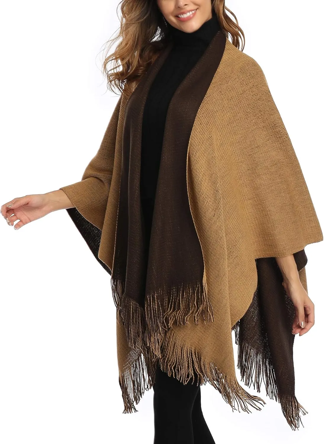 Epsion Women's Color Block Shawl Wrap Plus Size Cardigan Poncho Cape Open Front Long Winter Sweater Coat