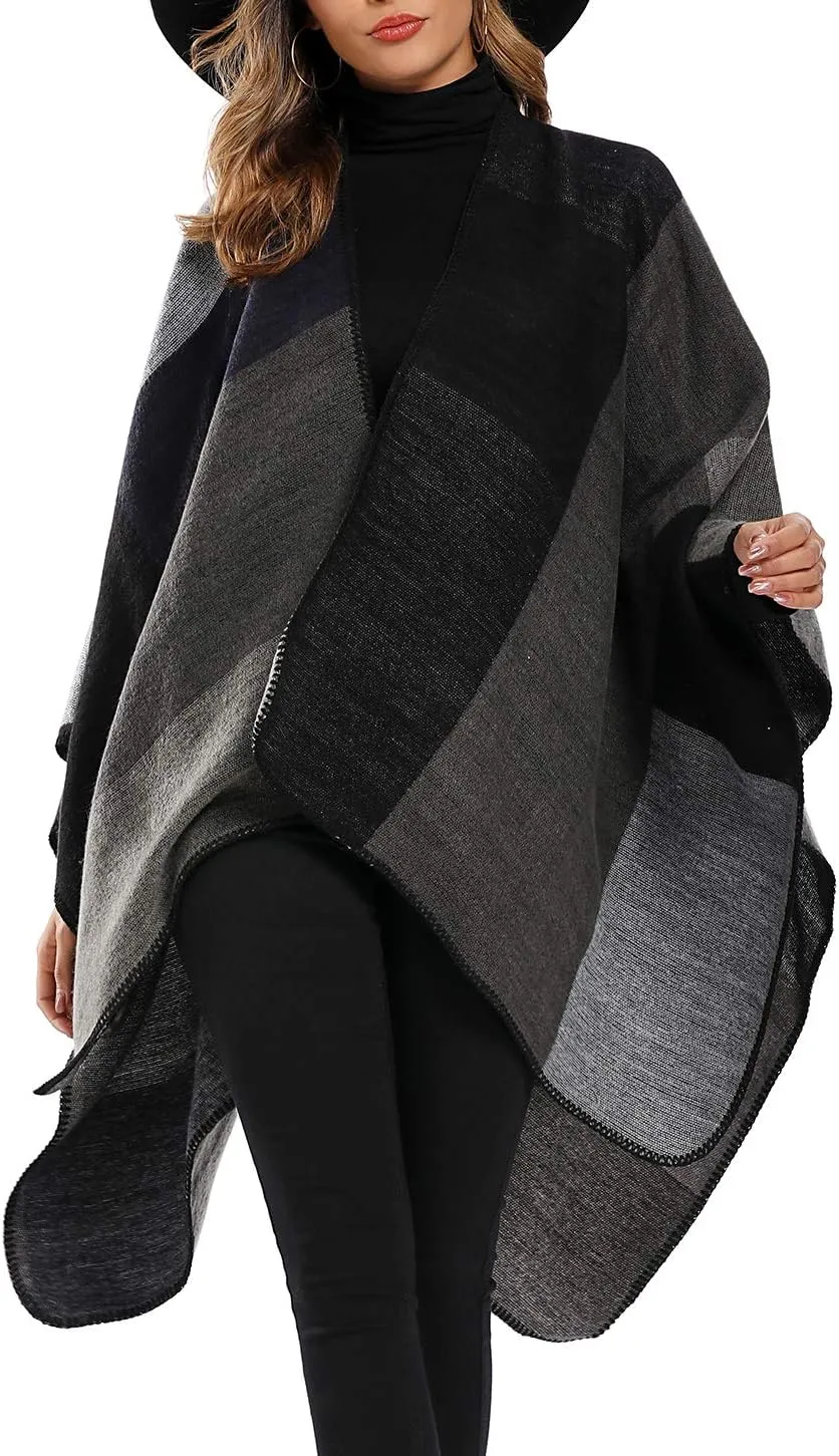 Epsion Women's Color Block Shawl Wrap Plus Size Cardigan Poncho Cape Open Front Long Winter Sweater Coat